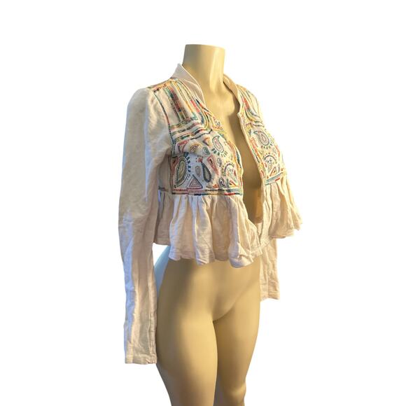 Women XS Anthropologie Lilka Embroidered Peplum Crop Jacket Cardigan Shrug - Picture 1 of 6
